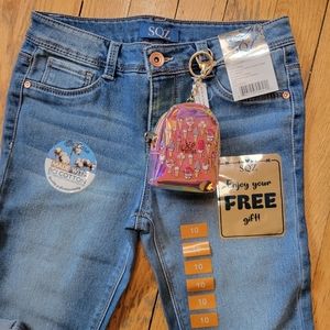 SQZ Rolled Ankle Crop Denim  Bonus Mini Back Pack  Stretch   Girls Size 10  NEW
